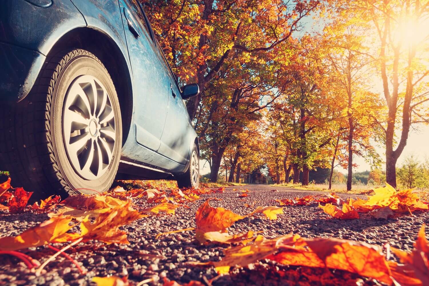 Blue car parked on an autumn road covered with vibrant leaves, typical of vehicles serviced by an auto body repair shop.