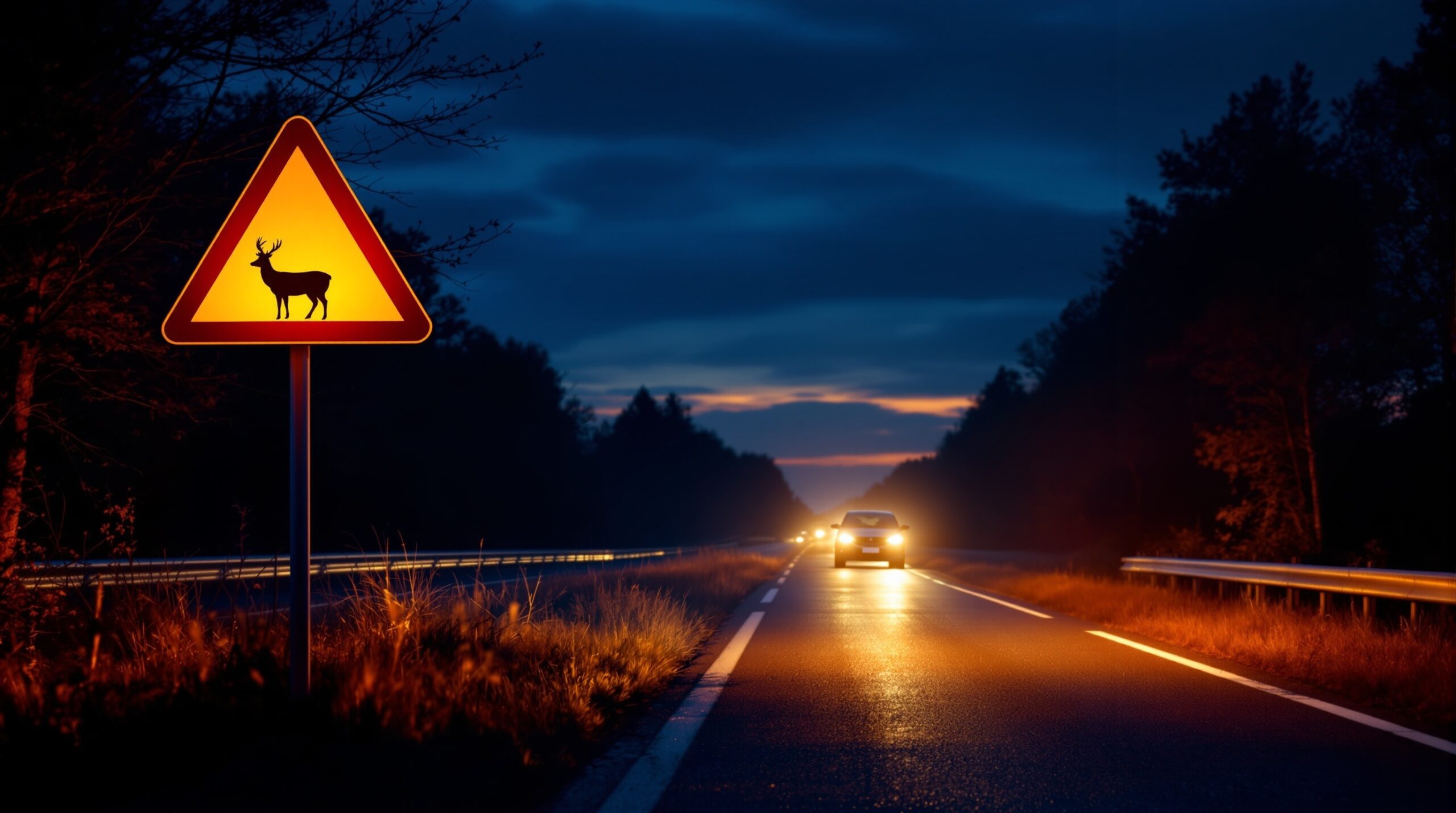 Night road with car headlights & warning sign. For dependable vehicle collision repair, visit our auto body shop near me.